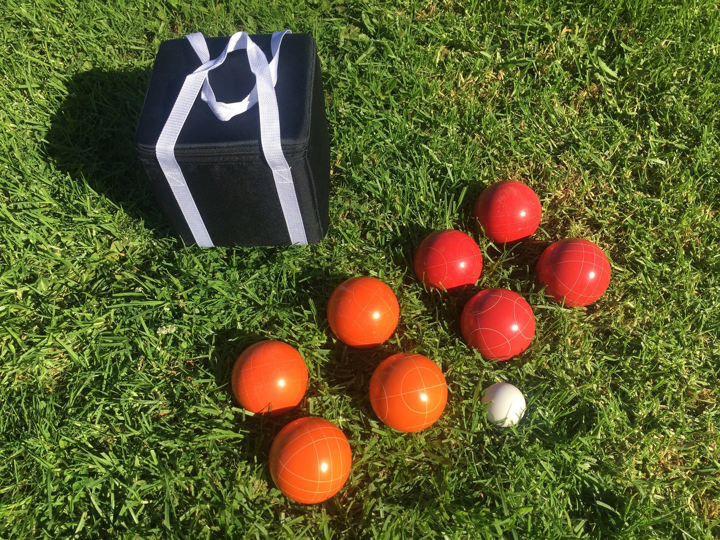 107mm Family Bocce Set with Orange and Red Balls with Black Bag