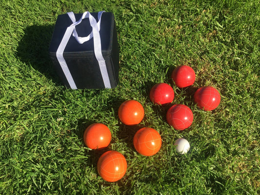 107mm Family Bocce Set with Orange and Red Balls with Black Bag