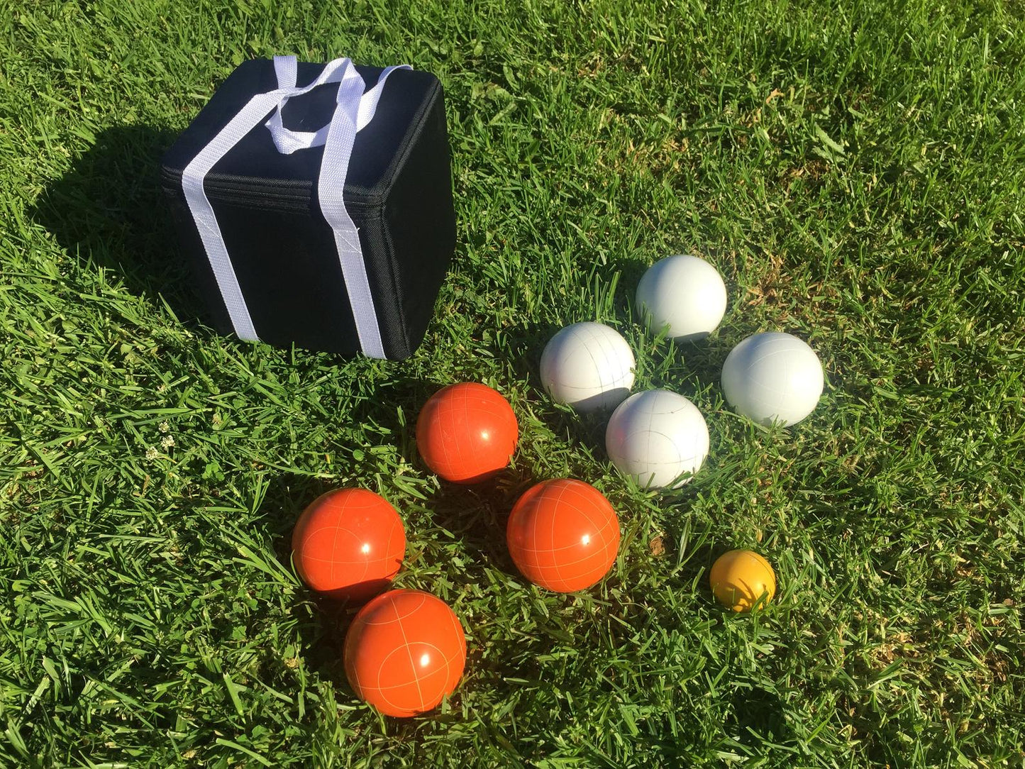 107mm Family Bocce Set with Orange and White Balls with Black Bag