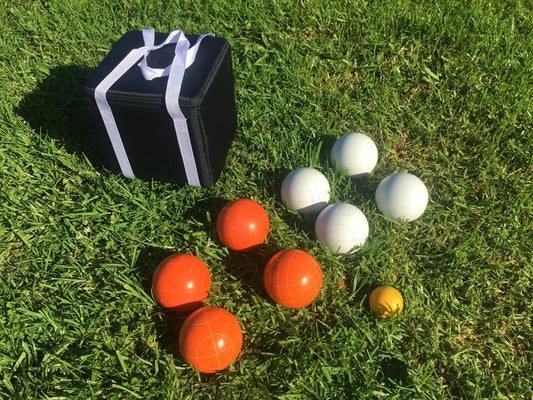 107mm Family Bocce Set with Orange and White Balls with Black Bag