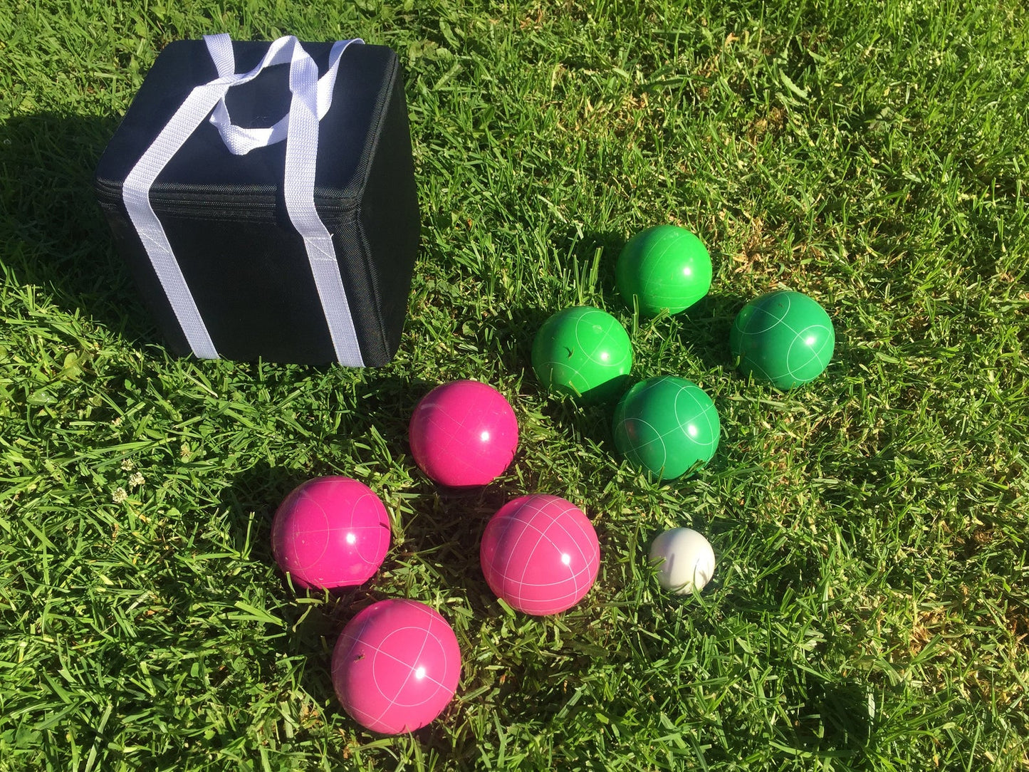 107mm Family Bocce Set with Green and Pink Balls with Black Bag