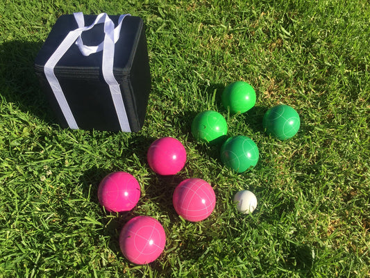 107mm Family Bocce Set with Green and Pink Balls with Black Bag