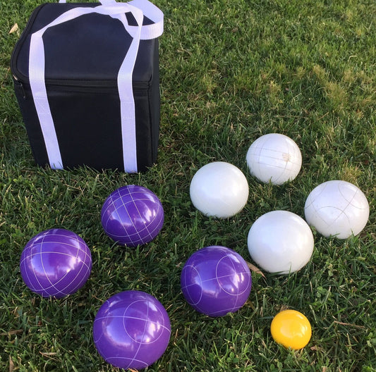 107mm Family Bocce Set with White and Purple Balls with Black Bag