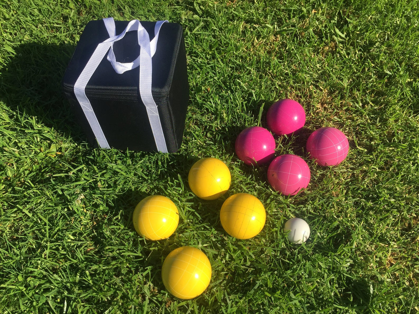 107mm Family Bocce Set with Pink and Yellow Balls with Black Bag