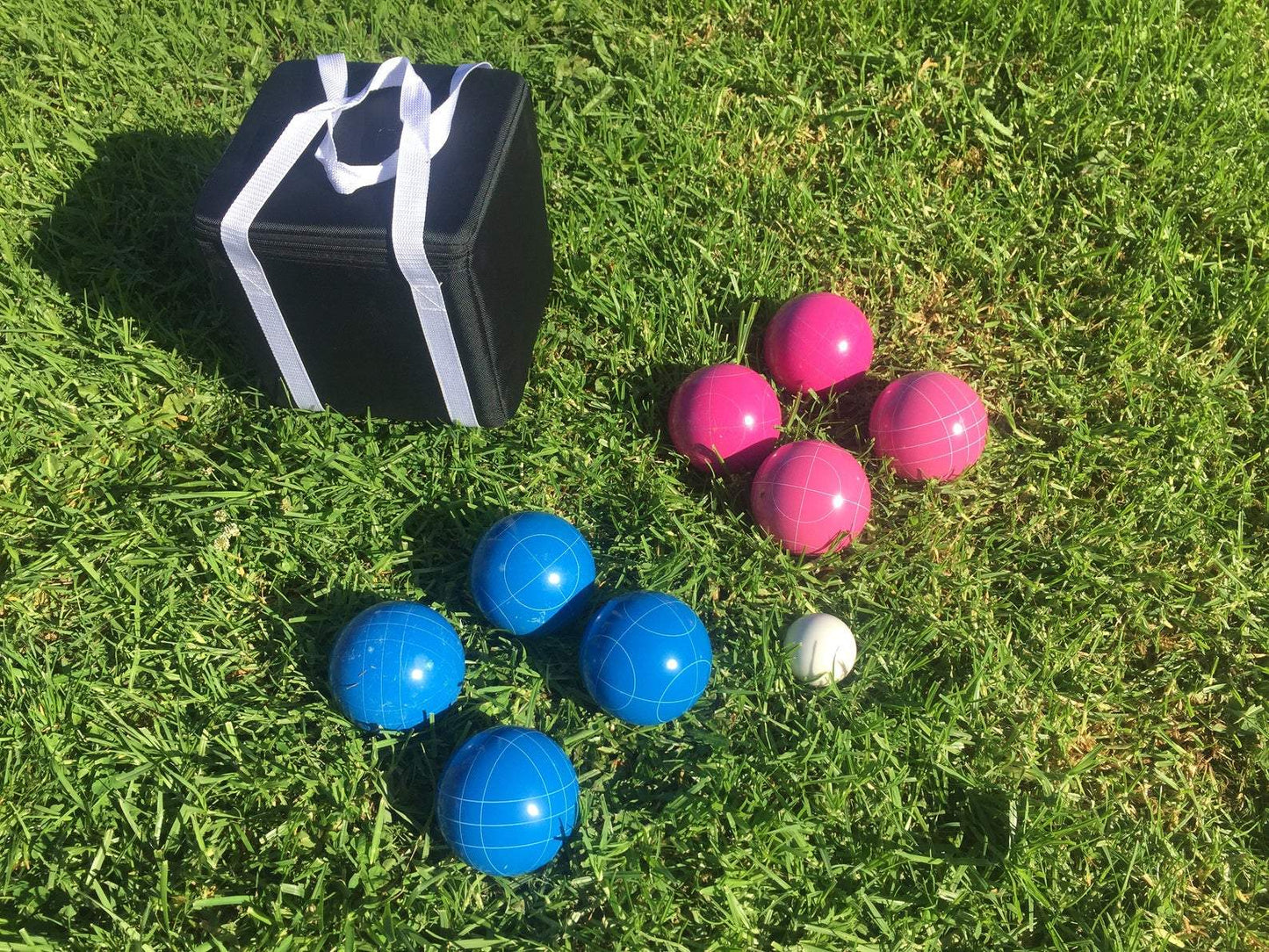107mm Family Bocce Set with Blue and Pink Balls with Black Bag