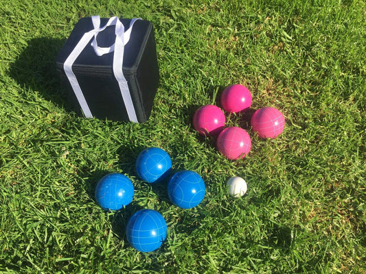 107mm Family Bocce Set with Blue and Pink Balls with Black Bag