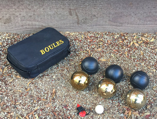 73mm Metal Boules Set with 6 Black and Gold Balls and Black Bag