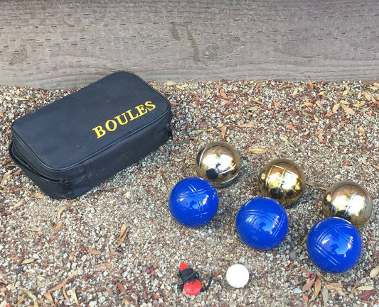 73mm Metal Boules Set with 6 Gold and Blue Balls and Black Bag