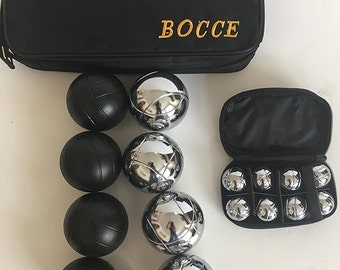 Little and Large Bocce Set- 73mm Metal Bocce/Petanque Set with 4 Black and 4 Silver Balls with Black Bag and 35mm Metal/Boules Set