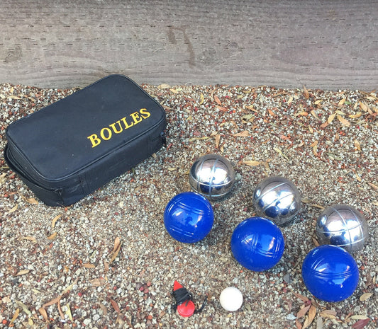73mm Metal Boules Set with 6 Silver and Blue Balls and Black Bag