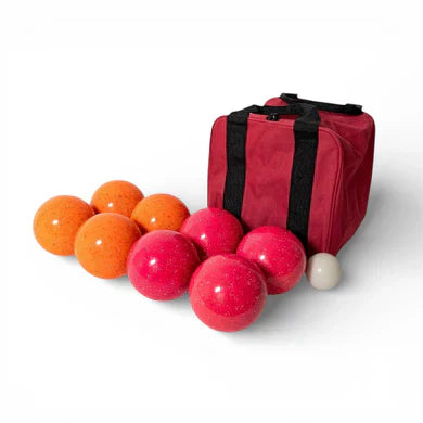 Bocce ball diameter and weight specs overview featuring a 110mm volo bundle on a tournament court