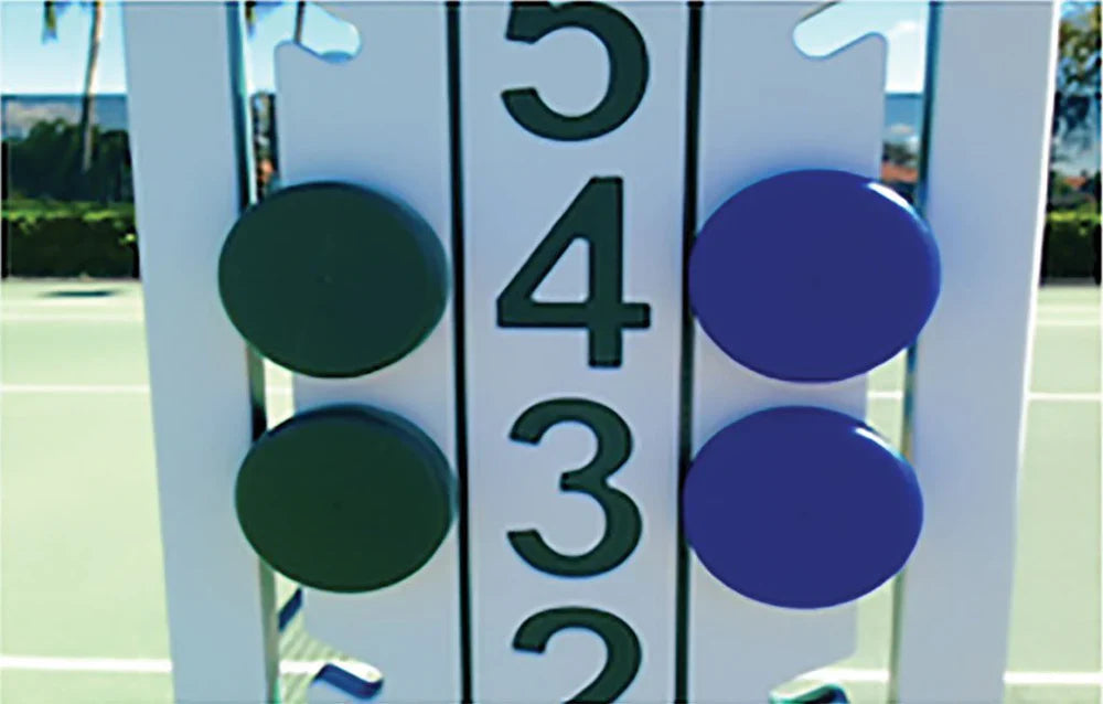 Bocce tips for reading the court with green blue scoreboard