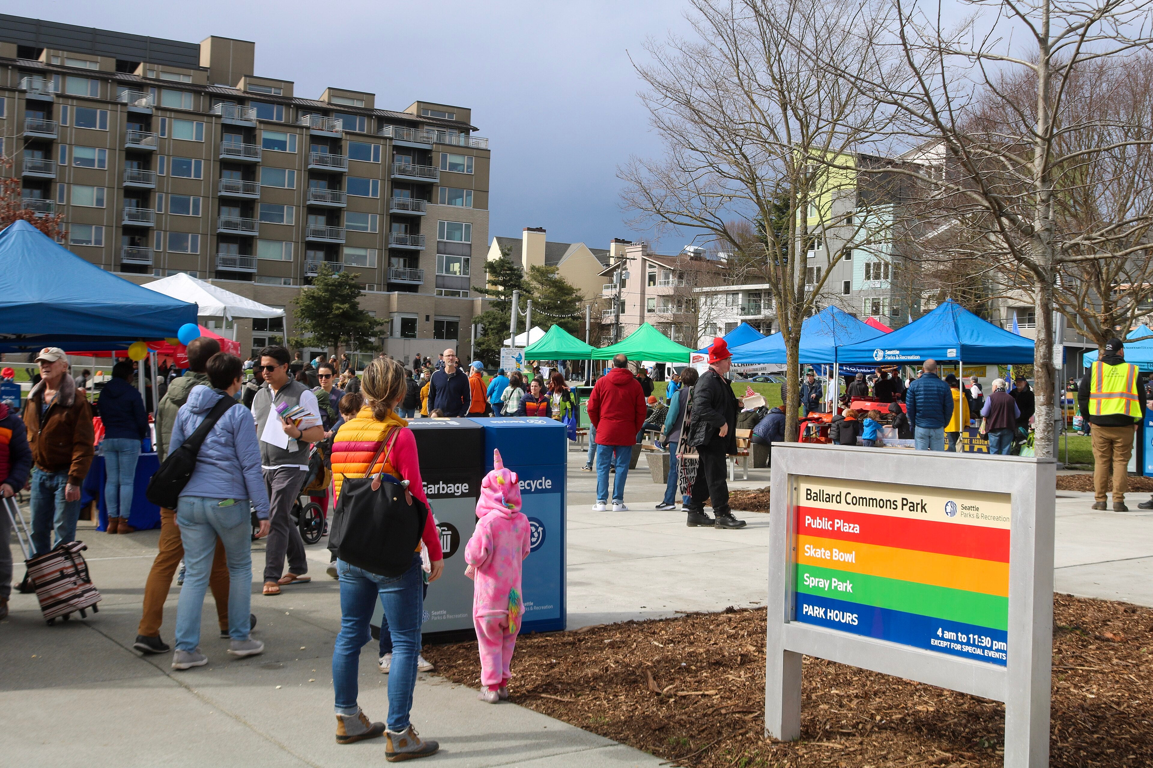 Ballard Commons Park in Seattle, a casual bocce-friendly green space in the north end