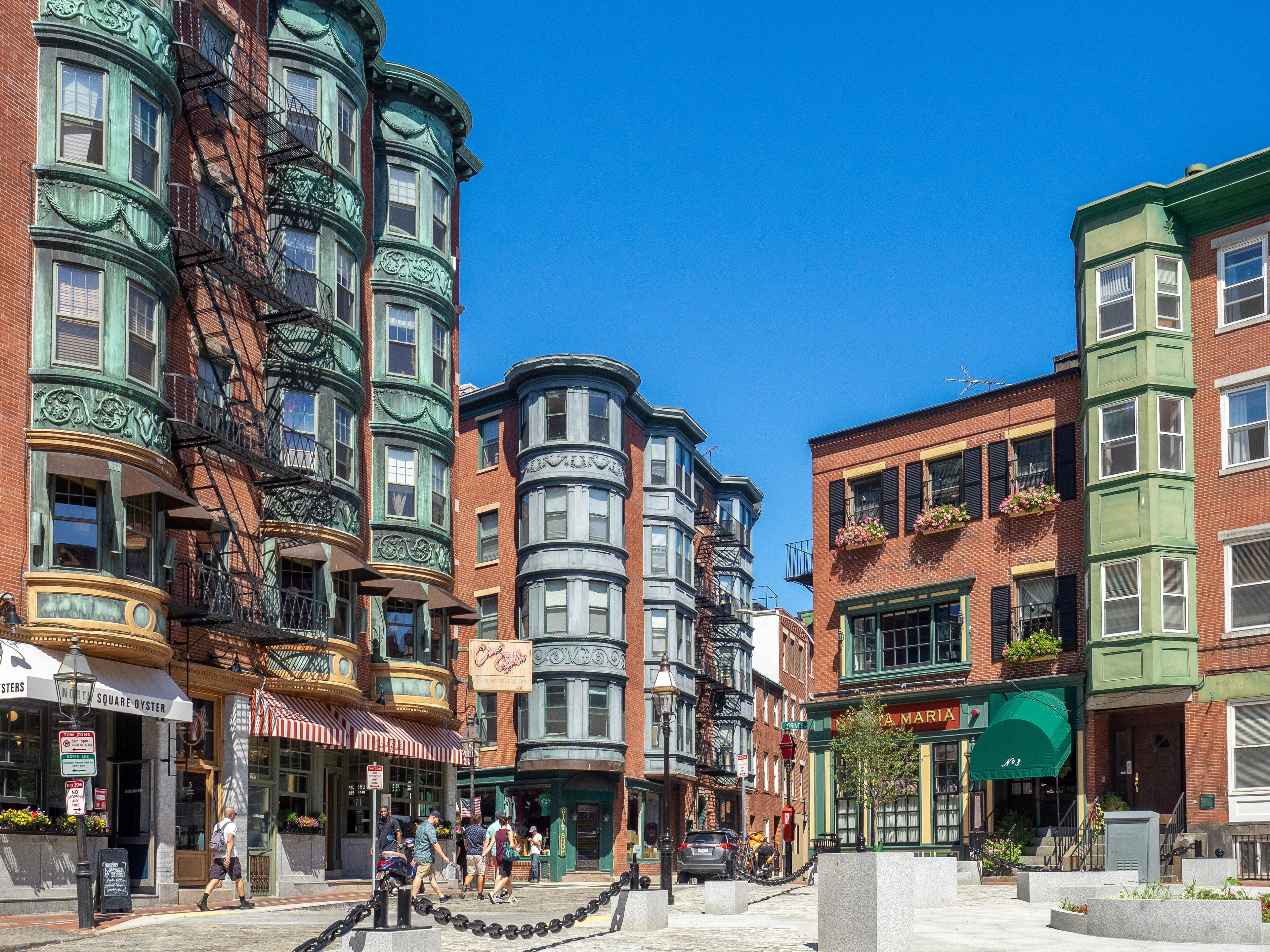 Boston's North End streetscape, home to Langone Park and the city's most active public bocce courts