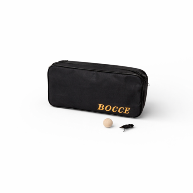 Bocce ball bag holding a full 8-ball tournament bocce set with pallino