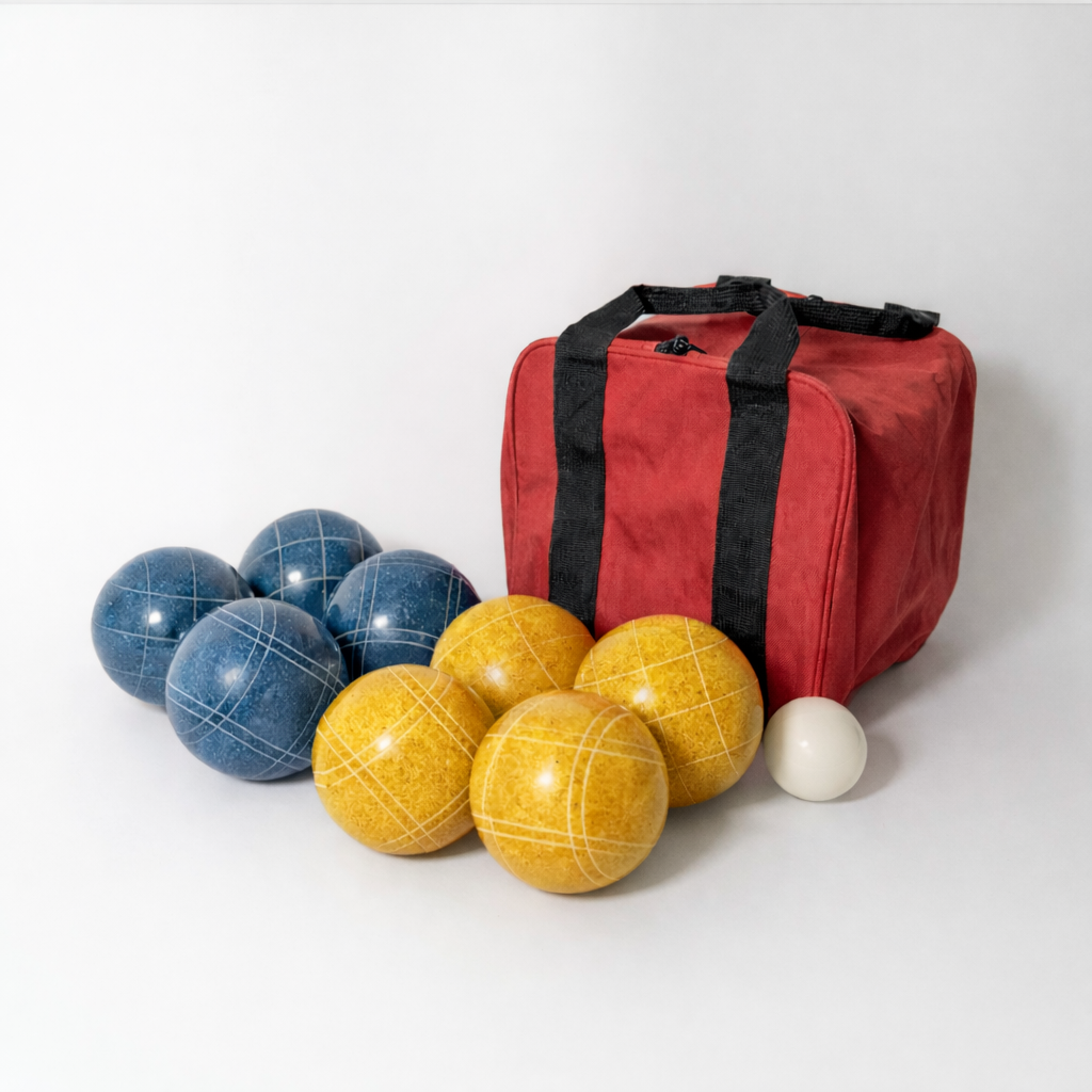 EPCO 107mm Tournament Rustic Yellow/Blue 8-ball bocce set, the standard adult-tier backyard kit