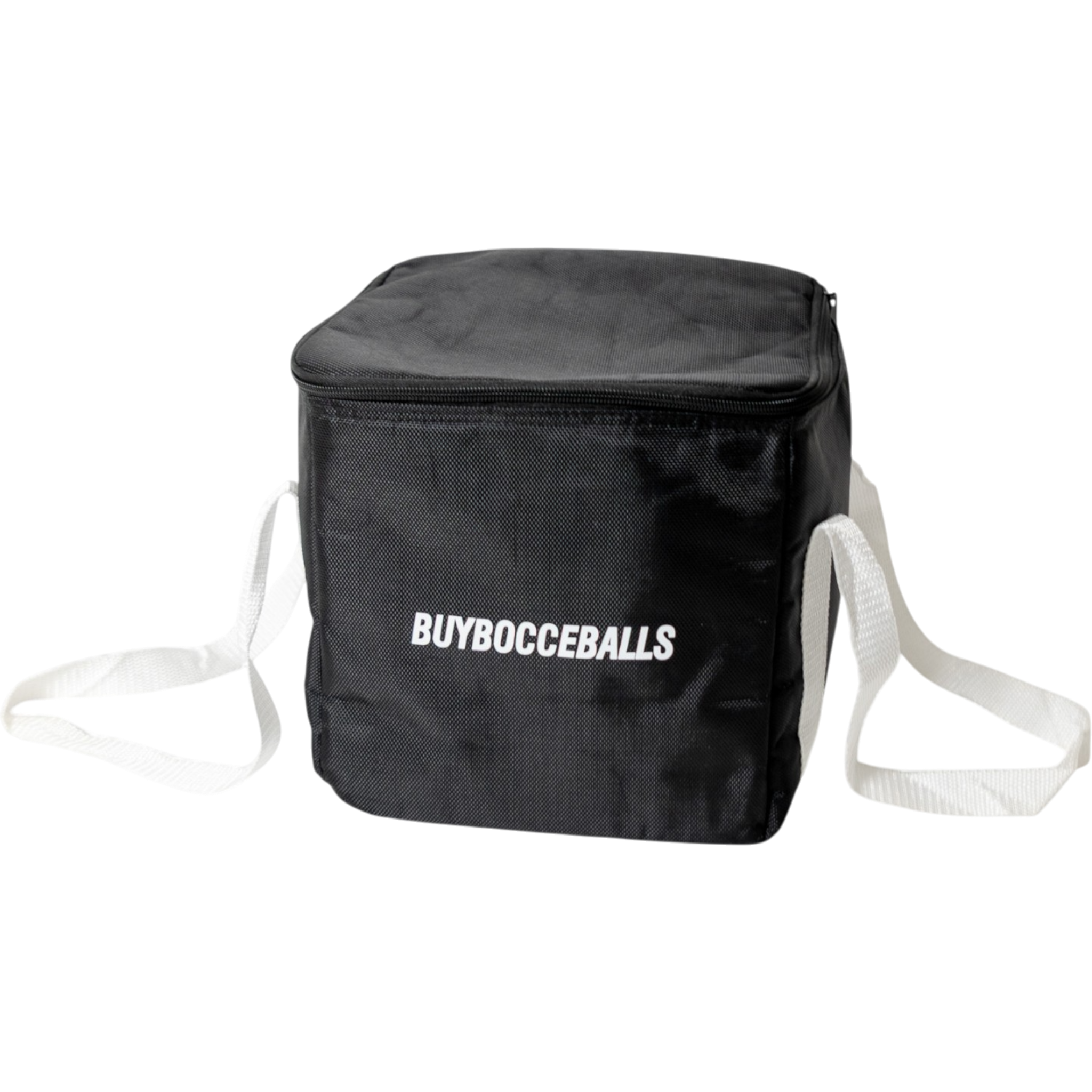 Black bocce ball bag with white reinforced handles holding a full 8-ball 107mm tournament set