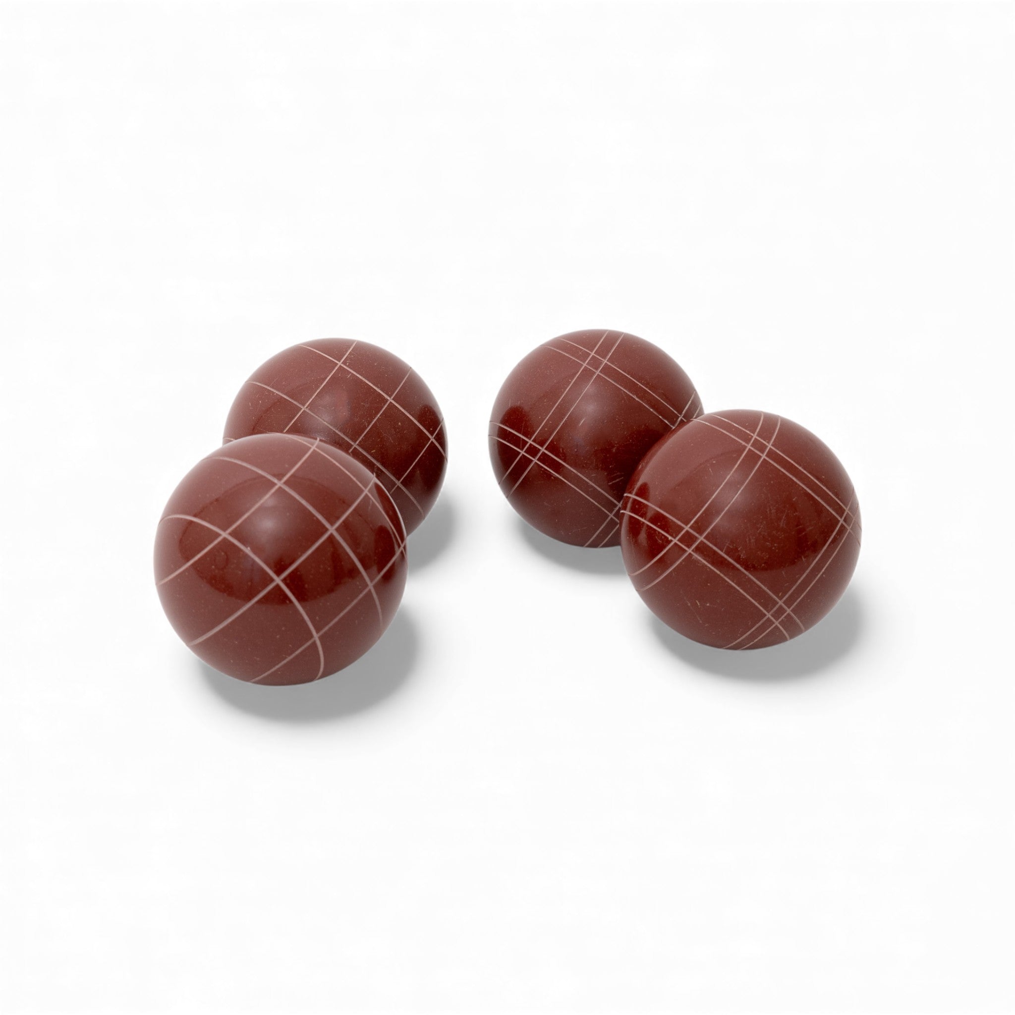 107 mm dark red solid color bocce balls, representing a 4-ball half-set ready to pair for full team play
