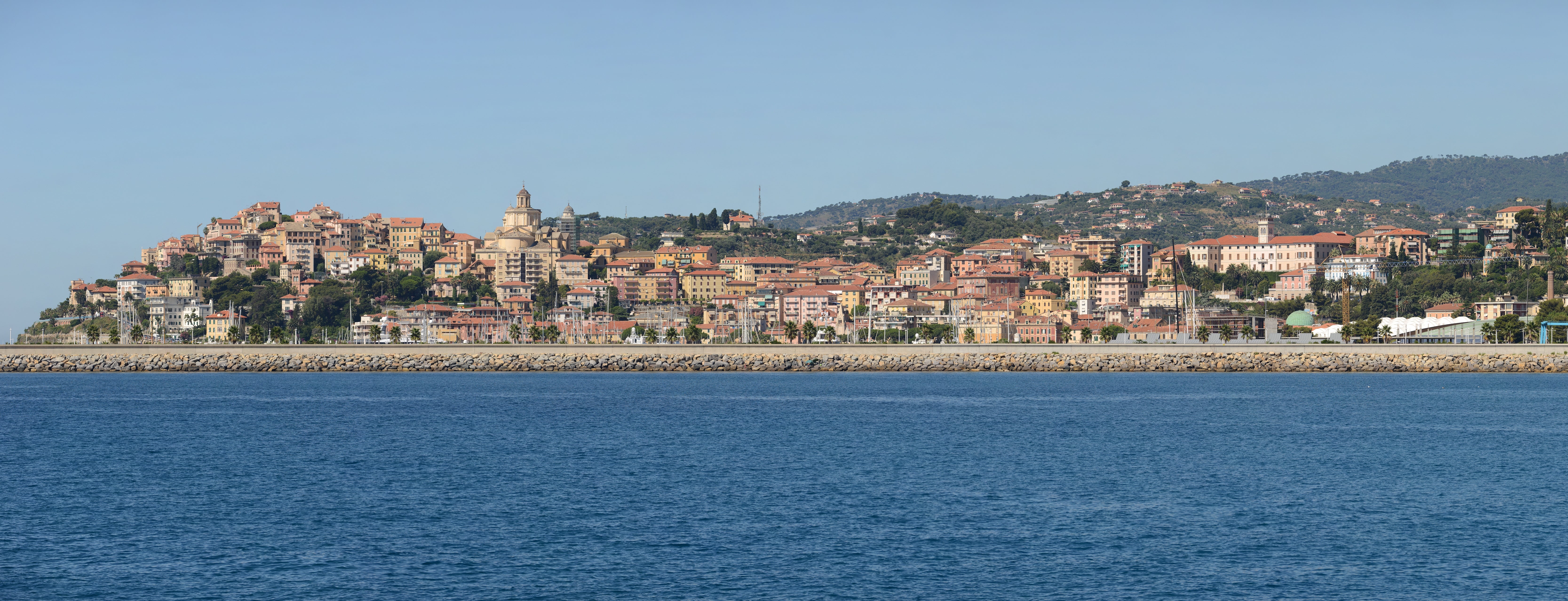 Aerial view of Porto Maurizio in Imperia, Italy, the Ligurian coastal city home to one of Italys most famous bocciodromi