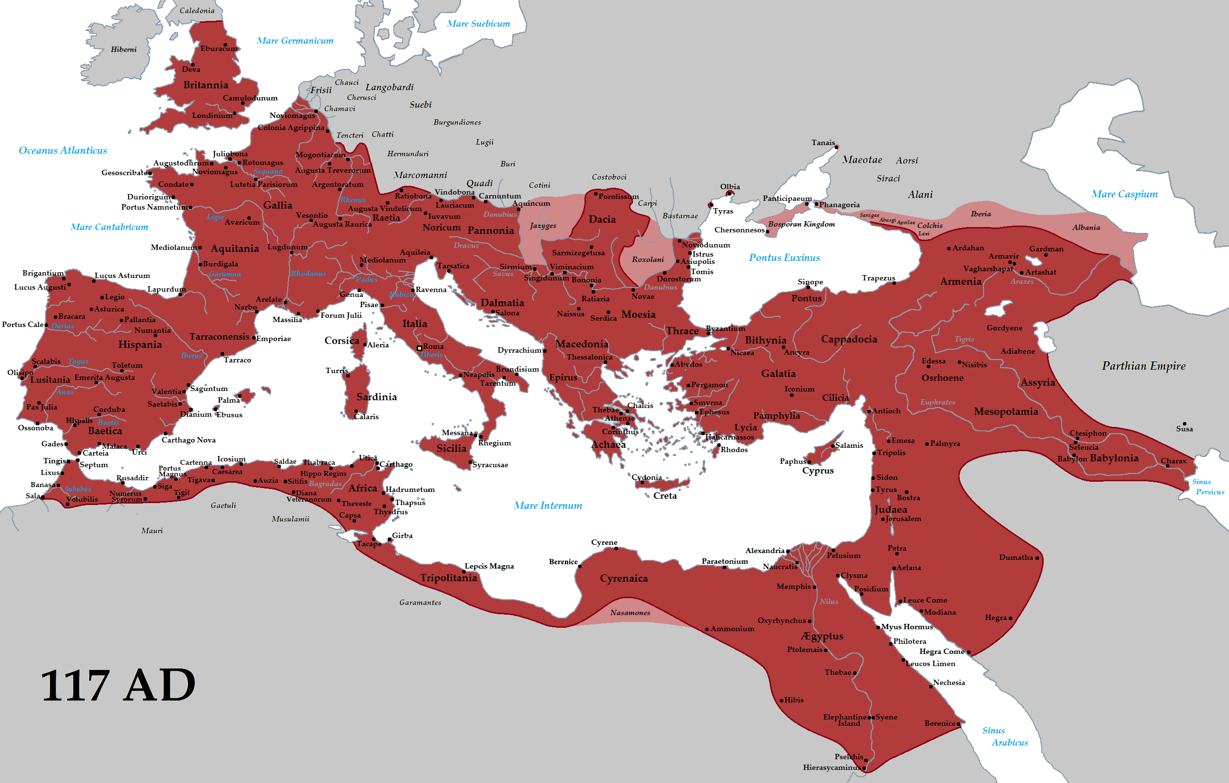Map of the Roman Empire at its peak under Trajan in 117 AD, the era when Roman soldiers spread bocci across the Mediterranean