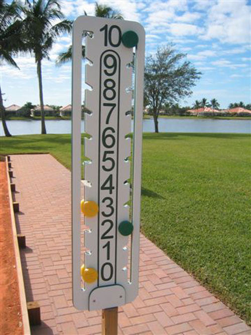 The Ultimate Scoreboard for bocce, a permanent wooden mounted bocce scoreboard with sliding peg indicators counting to 21