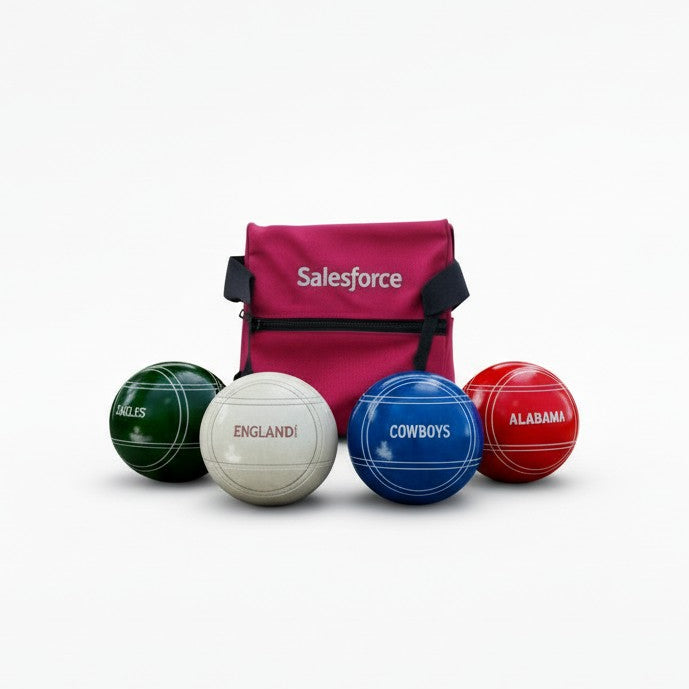 Close-up of a custom engraved bocce ball with personalized text, a popular wedding and retirement gift