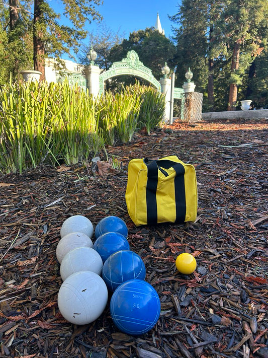 University of California-Berkeley (CAL) Epco 110mm Tournament Quality Blue and White Bocce Balls with pallino and Yellow Bag