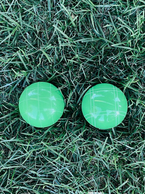 Replacement EPCO 110mm 2 pack Bocce Balls GLO green with mix of stripes