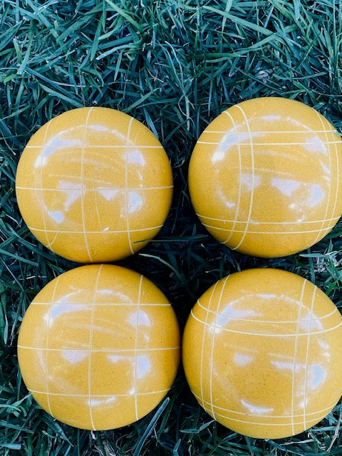 EPCO 110mm 4 pack Bocce Balls rustic yellow Criss Cross and Close Curvey stripes