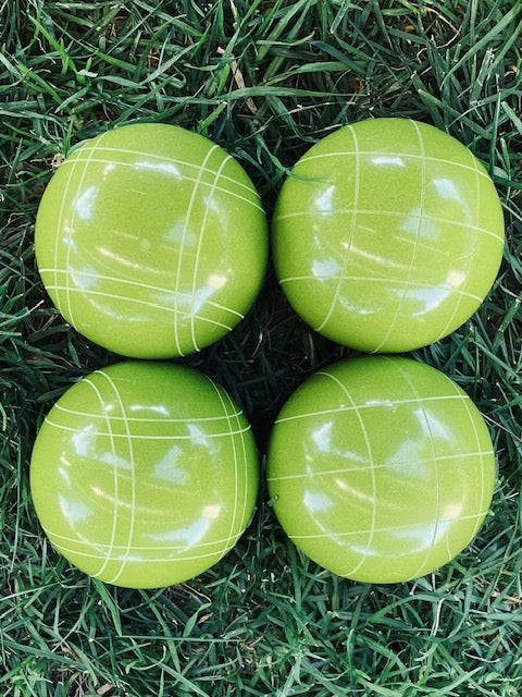 EPCO 110mm 4 pack Bocce Balls 4 rustic green Criss Cross and Close Curvey stripes