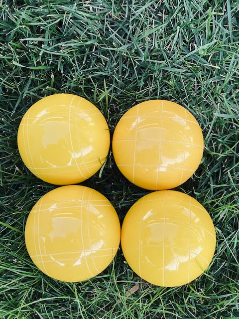 EPCO 110mm 4 pack Bocce Balls GLO yellow balls and mix of striping