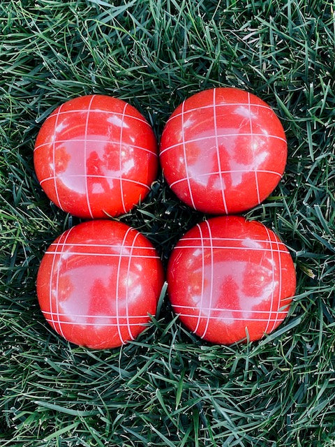 EPCO 110mm 4 pack Bocce Balls rustic red Criss Cross and Close Curvey stripes