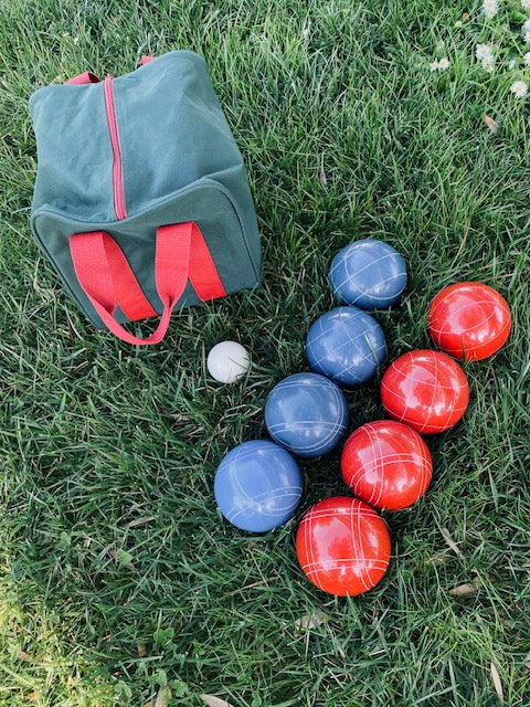 EPCO 110mm Tournament quality Bocce Set - Rustic Blue/Red balls- green/maroon bag