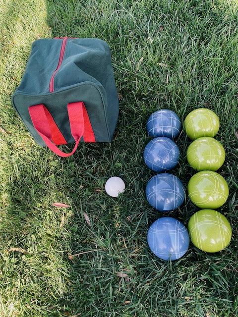 EPCO 110mm Tournament quality Bocce Set - Rustic Green/Blue balls- green/maroon bag