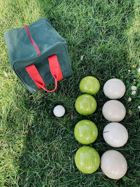 EPCO 110mm Tournament quality Bocce Set - Rustic Green/White balls- green/maroon bag