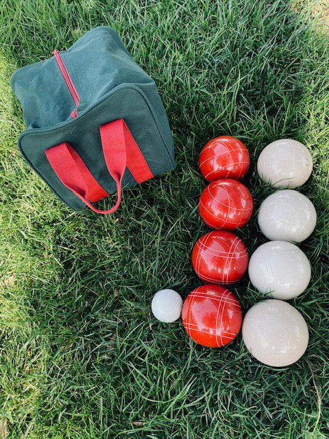 EPCO 110mm Tournament quality Bocce Set - Rustic White/Red balls- green/maroon bag