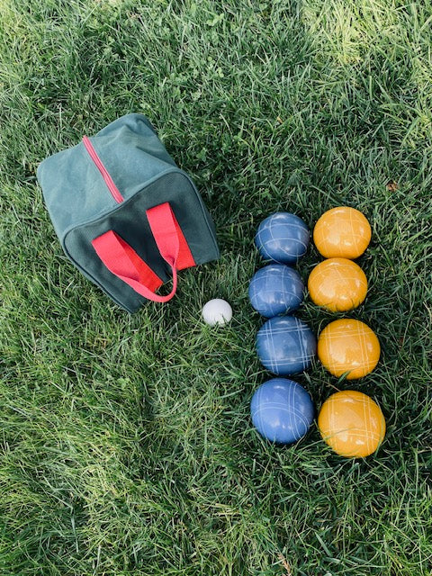 EPCO 110mm Tournament quality Professional Bocce Ball Set - Rustic Yellow/Blue balls- green/maroon bag