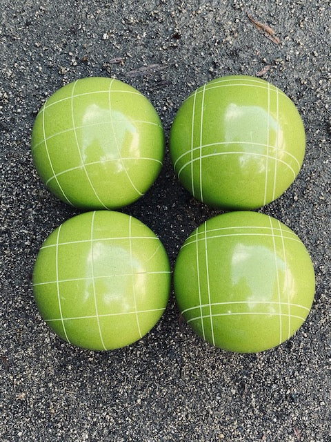 EPCO 110mm 4 pack Bocce Balls 4 rustic green Criss Cross and Close Curvey stripes