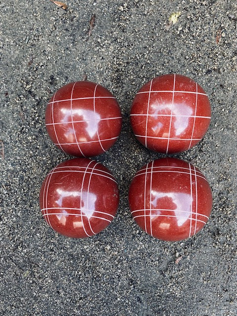 EPCO 107mm Tournament 4 Ball Bocce Balls - dark red balls and mix of striping