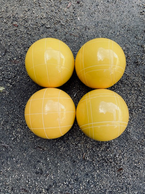 EPCO 110mm 4 pack Bocce Balls GLO yellow balls and mix of striping