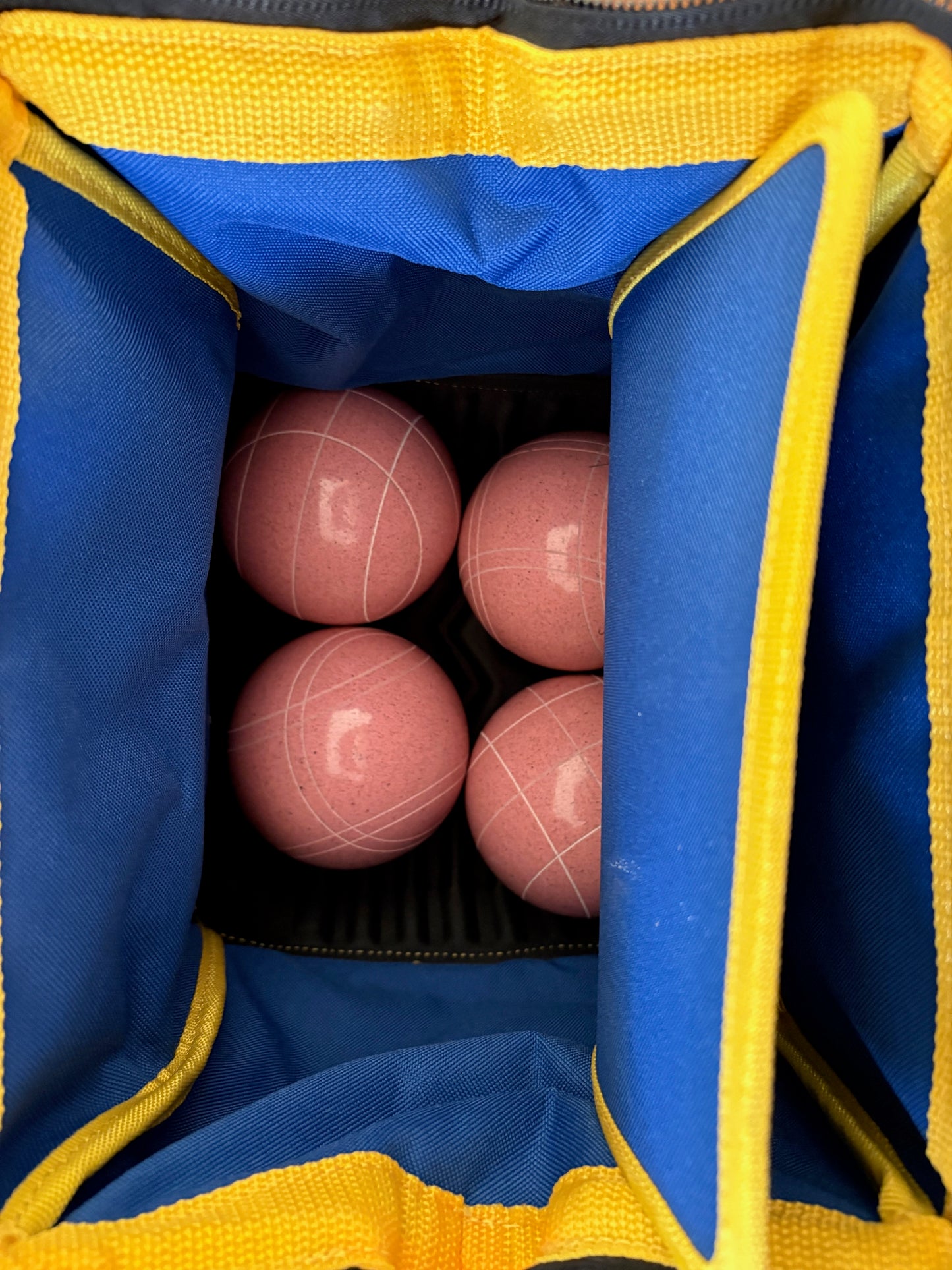 Extra Heavy Duty Nylon Bocce Bag - Blue with Yellow Handles, includes ball separator