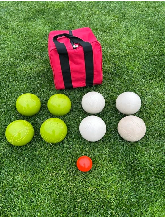 EPCO 107mm Tournament quality Bocce Set - Rustic Green/White balls- green/maroon bag