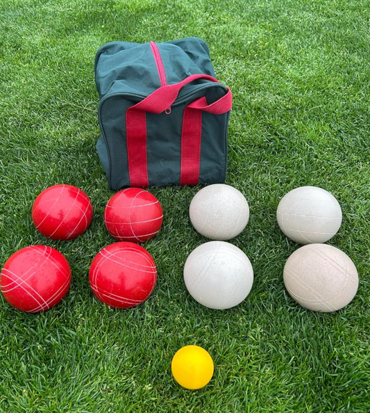 EPCO 107mm Tournament quality Bocce Set - Rustic White/Red balls- green/maroon bag