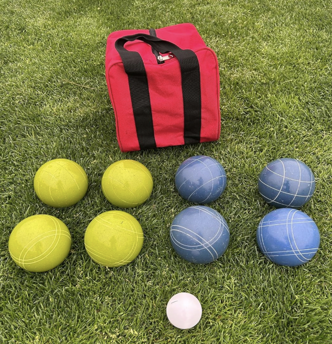 EPCO 107mm Tournament quality Bocce Set - Rustic Green/Blue balls- green/maroon bag
