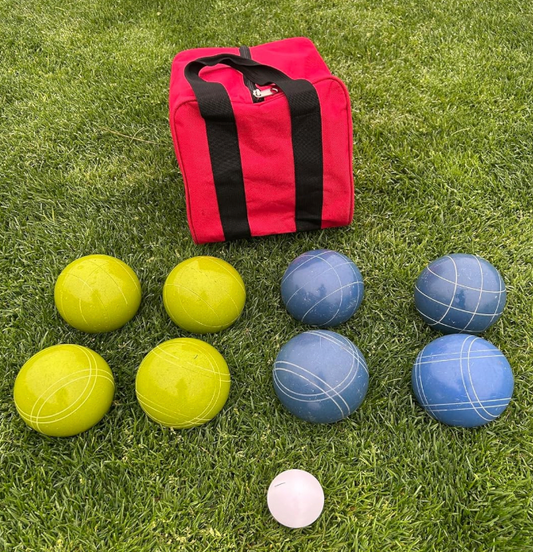 EPCO 107mm Tournament quality Bocce Set - Rustic Green/Blue balls- green/maroon bag