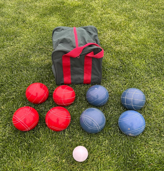EPCO 107mm Tournament quality Bocce Set - Rustic Blue/Red balls- green/maroon bag