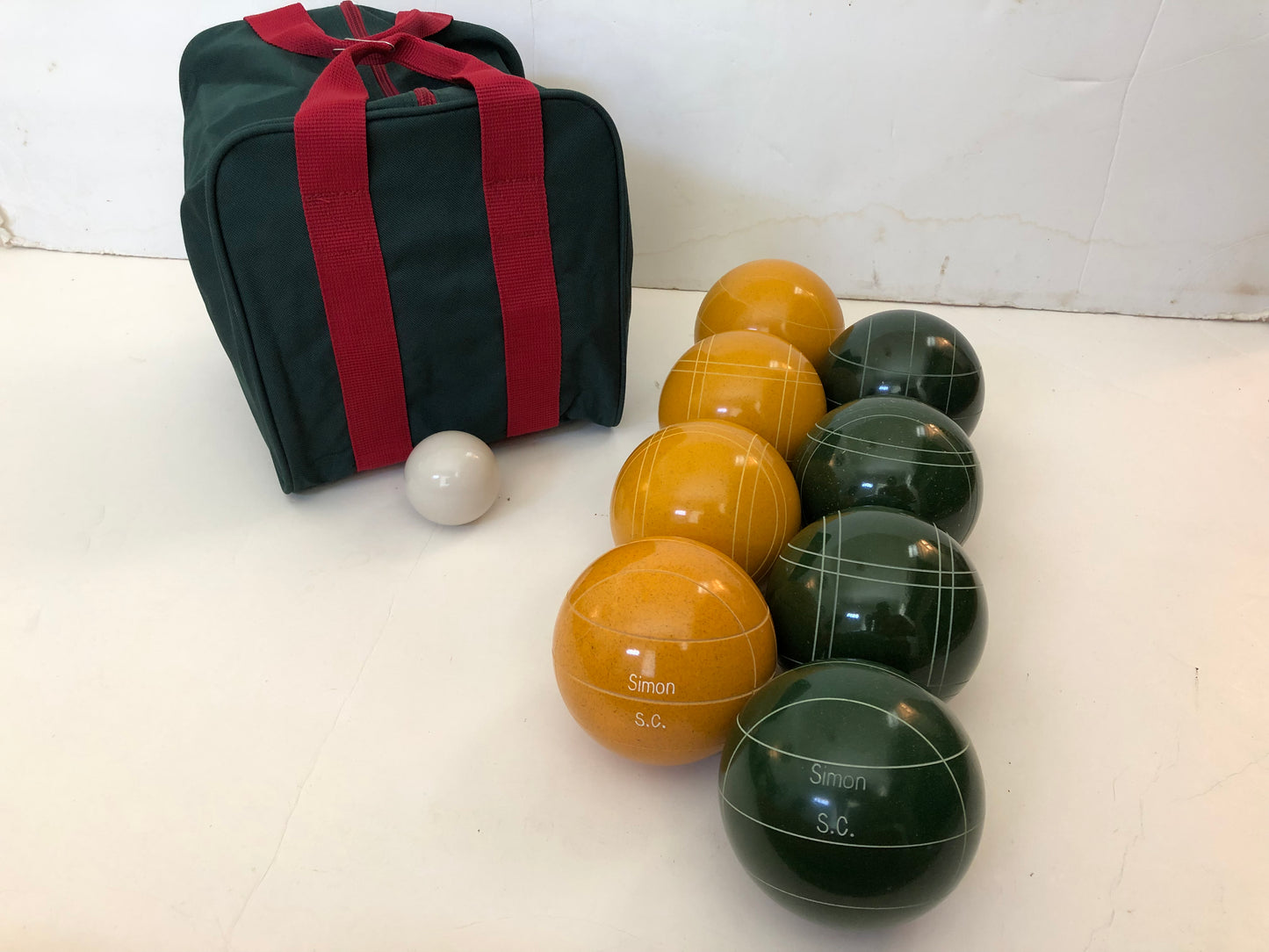 Engraved EPCO 110mm Gold and Dark Green Tournament Quality Bocce Glo Set- Bag included