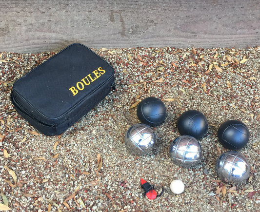 73mm Metal Boules Set with 6 Silver and Black balls with Black Bag
