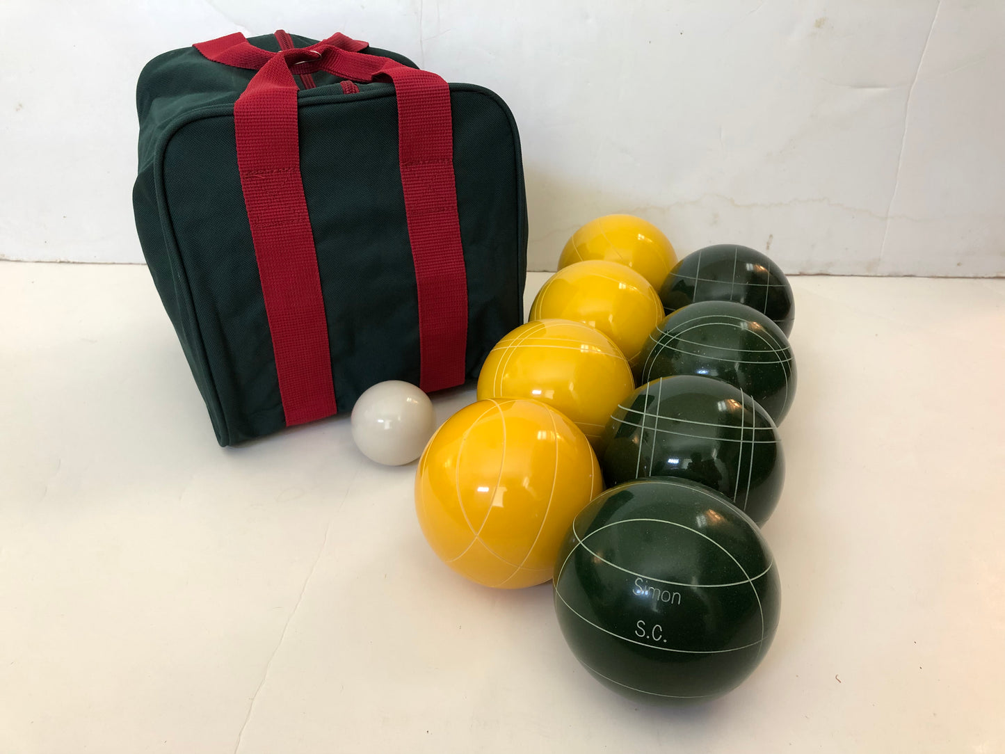 Engraved EPCO 110mm Yellow and Dark Green Tournament Quality Bocce Glo Set- Bag included