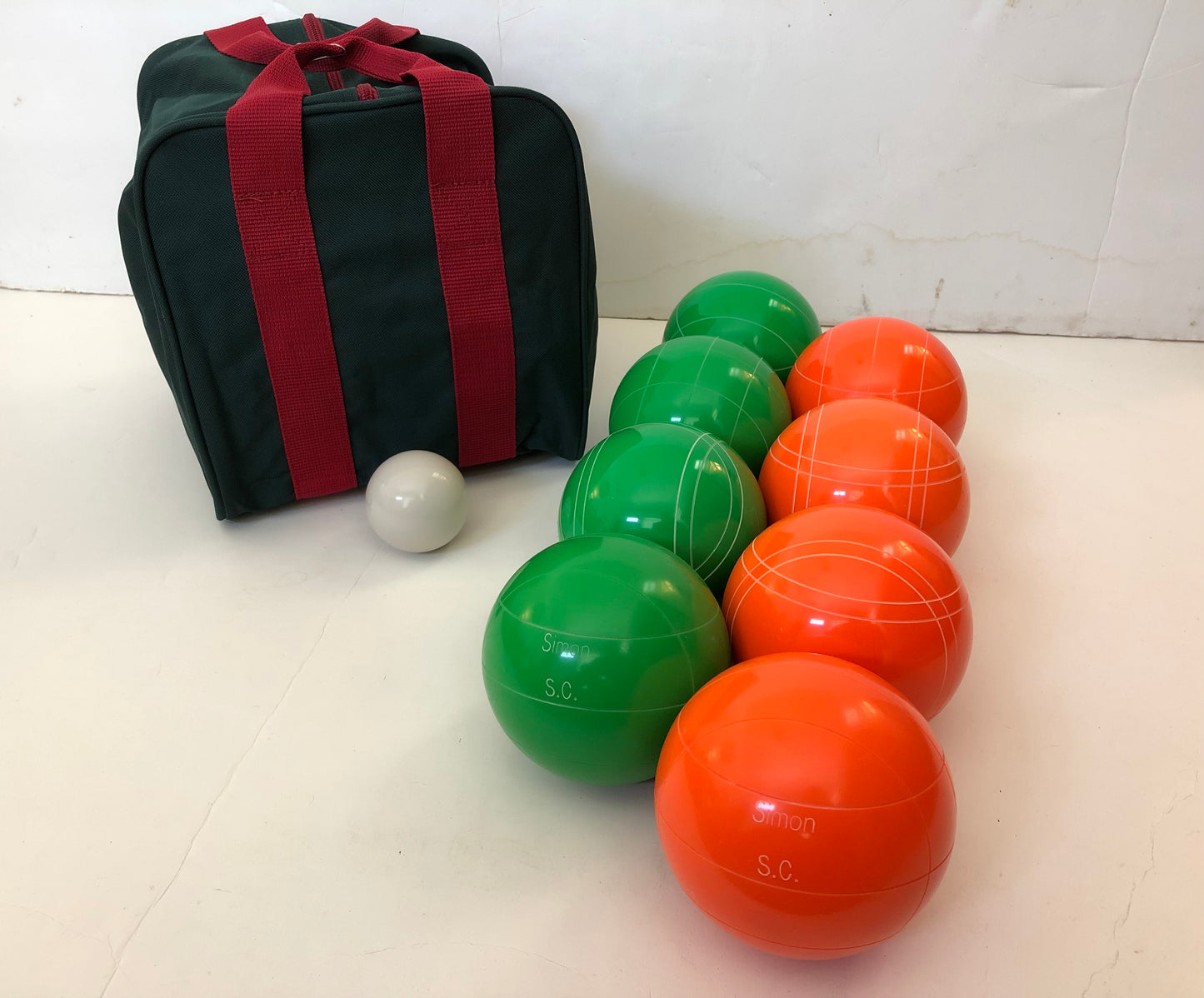 Engraved EPCO 110mm Green and Orange Tournament Quality Bocce Glo Set- Bag included